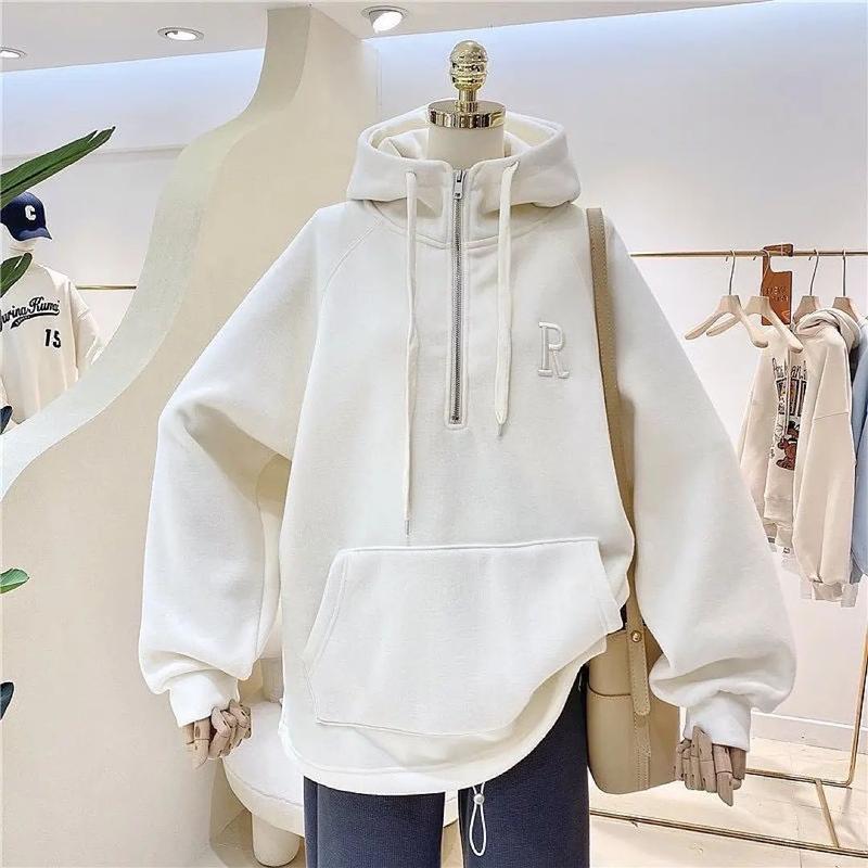 HALF ZIPPER SWEATER WANITA BAHAN ADEM MODE KOREA FLEECE MOTIF BORDIR Oversize Tebal Hoodie jumper wanita 1