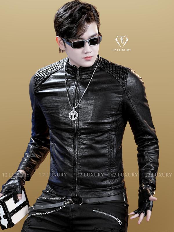  Áo da nam Quảng Châu vai phối da 3D phom ôm body chất liệu da cao cấp vân da rõ nét - Menswear Jacket  Màu Đen 
