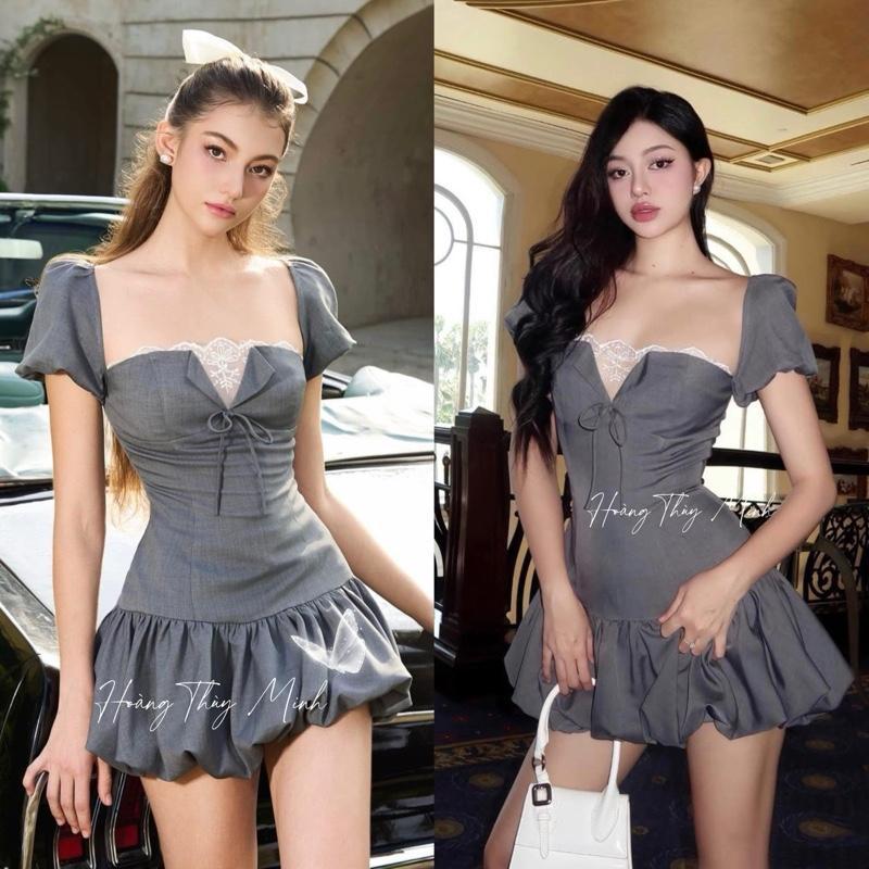 C4-[HÀNG CÓ SẴN] Váy Cổ Vuông Tay Bồng Dáng Bí Cổ Vuông Phối Ren Dây Nơ (Có Quần)-HoangThuyMinh97