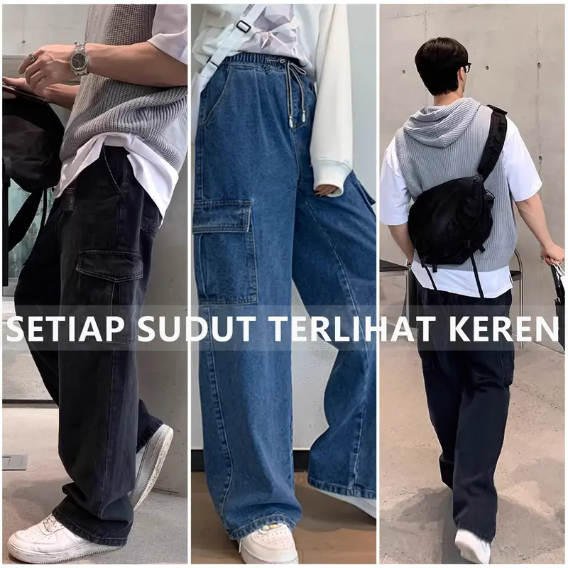 celana jeans cowok street wear outfit baggy pants celana panjang pria dewasa denim berdiri celana cargo pria panjang Celana Panjang Unisex 5