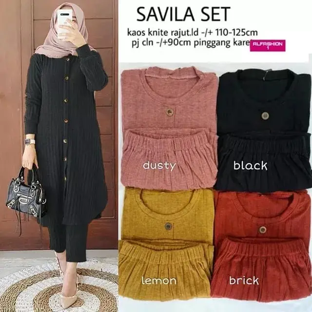 Savila set baju muslim terbaru - setelan wanita baju tunik jumbo full kancing Celana Panjang Kulot 2