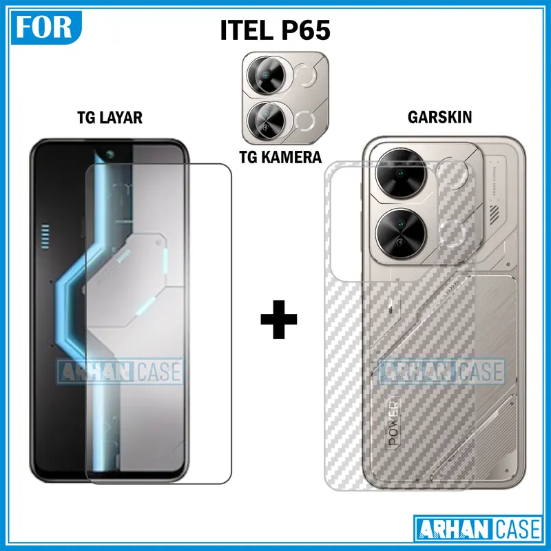 Paket Triple 3in1 Tempered Glass untuk Itel P65 P55 4G P55 5G Garskin 3D Plus Pelindung Lensa Camera 5