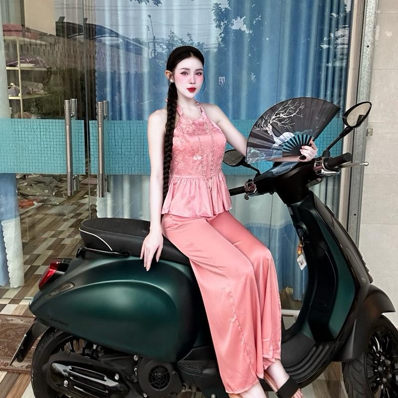 Yếm gấm ôm mới Set bộ quần áo yếm ôm gấm hoa - quần lụa TY2118 Thư Ying Shop có mút - túi quần