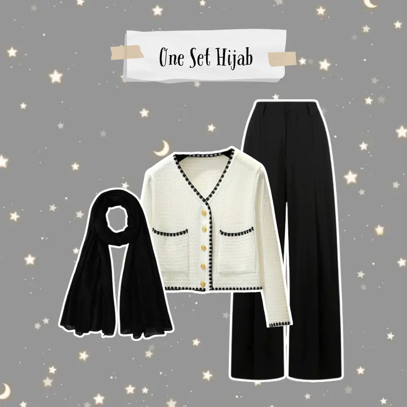 3 IN 1 One Set Hijab Korean Style Outfit Kekinian Simple Look Cardigan Celana - SET AE84 Wanita Setelan Atasan Panjang Baju 3