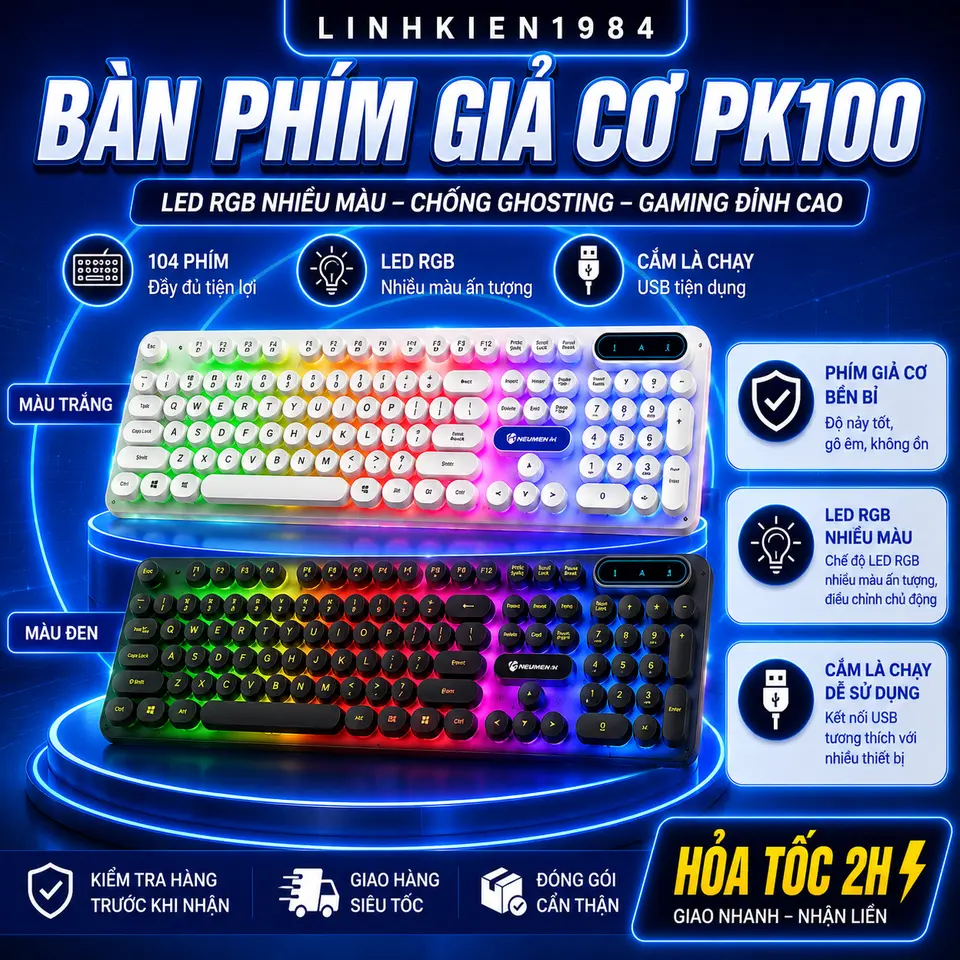 Bàn phím máy tính gaming giả cơ PANTSAN PK100/ BK8000 Màu Trắng có dây nút tròn Led 7 màu cực đẹp