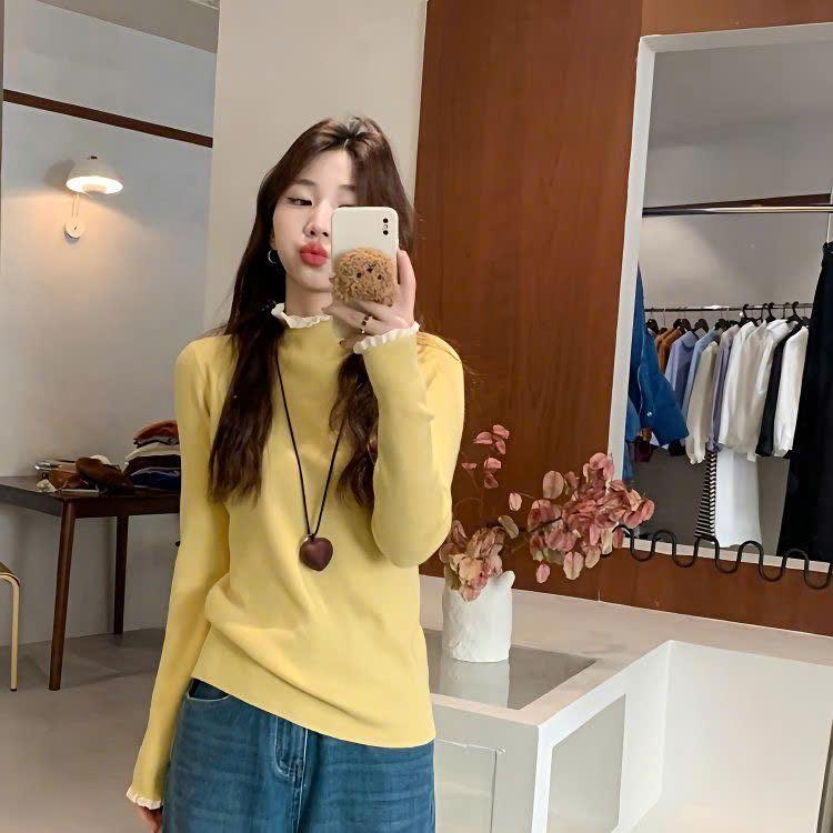 Áo Giữ Nhiệt Len Kiểu Tay Dài Viền Phối Ren Bèo Chất Lông Thỏ Mềm Mịn Cổ Tròn Phối Hoạ Tiết Trơn Xinh Chị Em Cam Closet Women Top Nữ