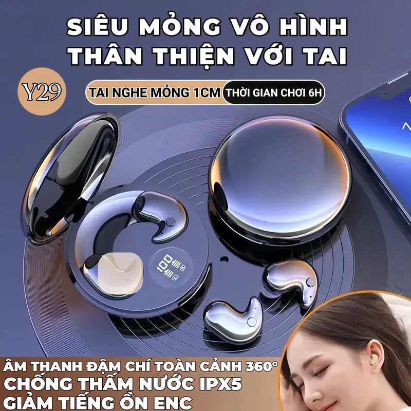 Tai nghe ngủ Y29 [3 Quà tặng miễn phí] 1 Nhãn dán hoạt hình+1 Bao tay chơi game+1 Dây buộc,Không dây Bluetooth với thiết kế hình elip, iPX5 không thấm nước, Âm thanh trung thực cao 0