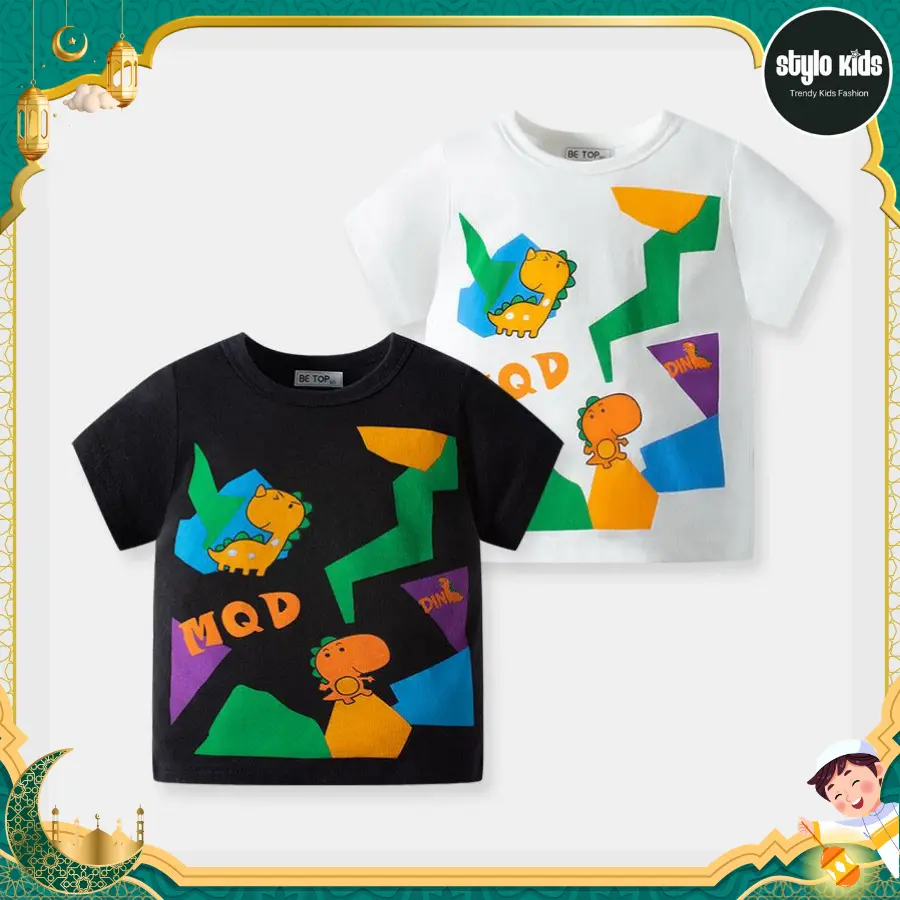 Baju Kaos T-Shirt Fashion Anak Laki-Laki Dan Perempuan Lengan Pendek Gambar Dinosaurus Warna Hitam Dan Putih