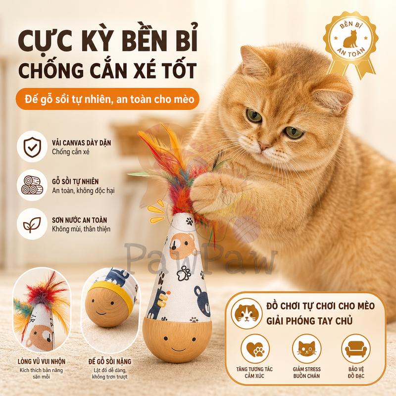 Đồ chơi mèo xoay 360° đế gỗ sồi tự nhiên | Lông vũ kèm chuông mèo tự chơi, chống cắn xé, bền bỉ.