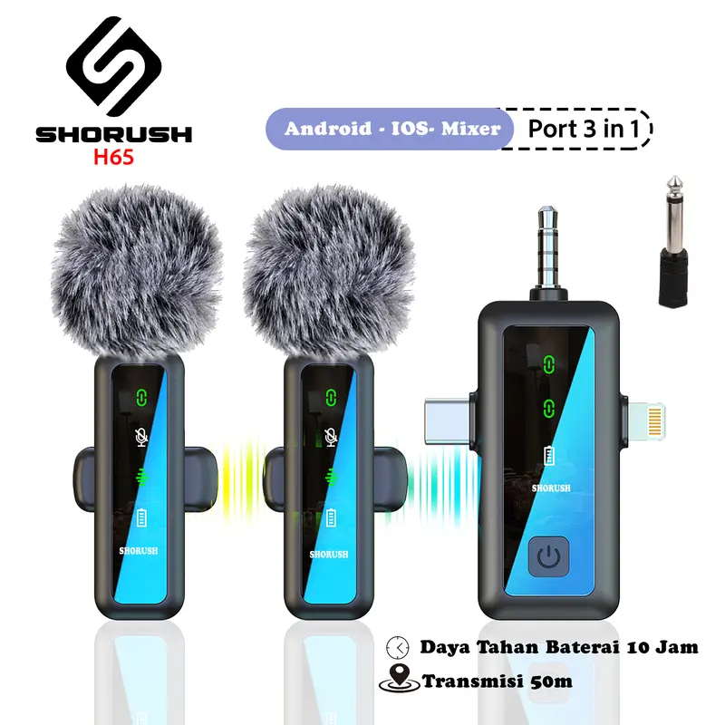 Shorush H65 Wireless Microphone Clip On 3 In 1 Mikrofon Clip On Lavalier Clip On UHF 2.4G Dual Single Mic Wireless Mikrofon Hp Kamera Vlog Youtuber Live Streaming Konten Kreator 2