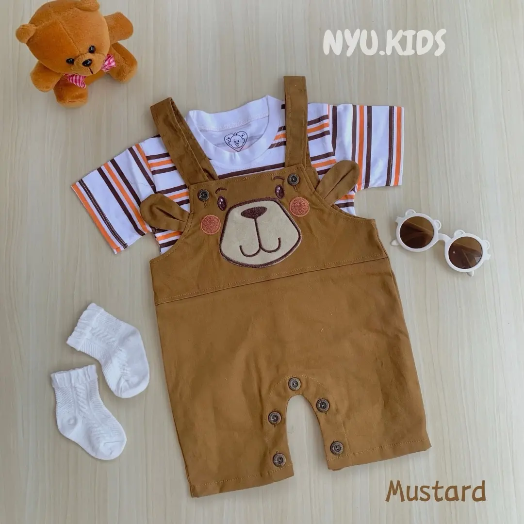Nyukids - SET Overall Teddy Bear usia 5 bulan - 18 bulan / One Set Kodokan / Baju Bayo Cowok / Bahan Katun