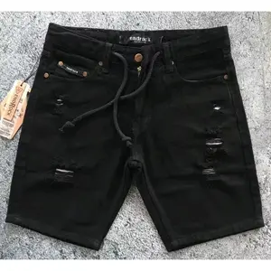 Celana sobek pendek pria bahan jeans tebal non Stretch warna Hitam Polos brotshot Pendek di atas lutut