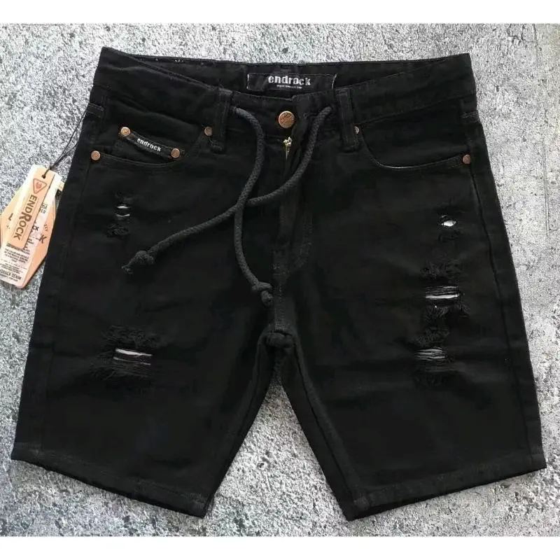 Celana sobek pendek pria bahan jeanstebal non Stretch warna Hitam Polos brotshot Pendek di atas lutut