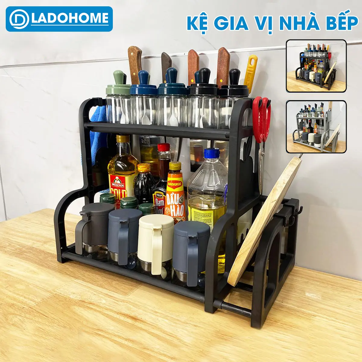Kệ Gia Vị 2 Tầng Nhà Bếp LD-3636 Lắp Ráp Kitchen, Có Kèm Móc Treo Khe Cắm Dao, Ống Đựng Đũa và Ngăn Để Thớt, Chất Liệu Nhựa PP