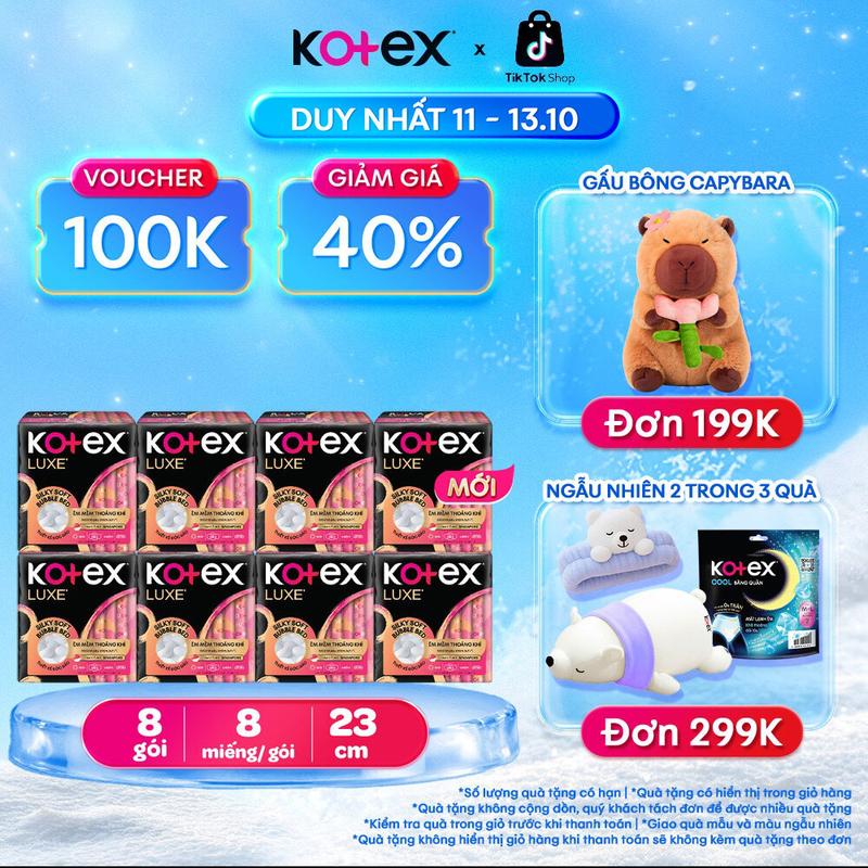 [QUÀ TẶNG HOT] 8 gói băng vệ sinh nữ Kotex Nhập Khẩu Luxe ban ngày 23cm, 8 miếng/gói, Siêu mỏng cánh, Cao cấp, Mặt bông êm mềm, khô thoáng, thấm hút nhanh, chống tràn, bvs kinh nguyệt nhiều, miễn phí vận chuyển, bvs chính hãng, tampon.