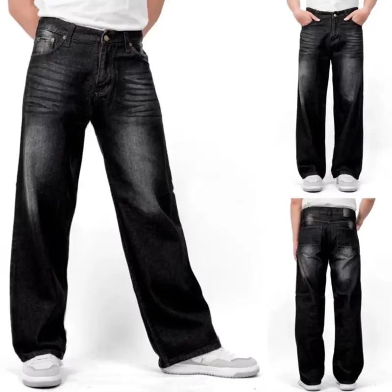 Youjins - Celana Baggy Retro Jeans Whisker Unisex Standard Basic Denim Korean Style Cowok Hitam Slim Fit Straight 6