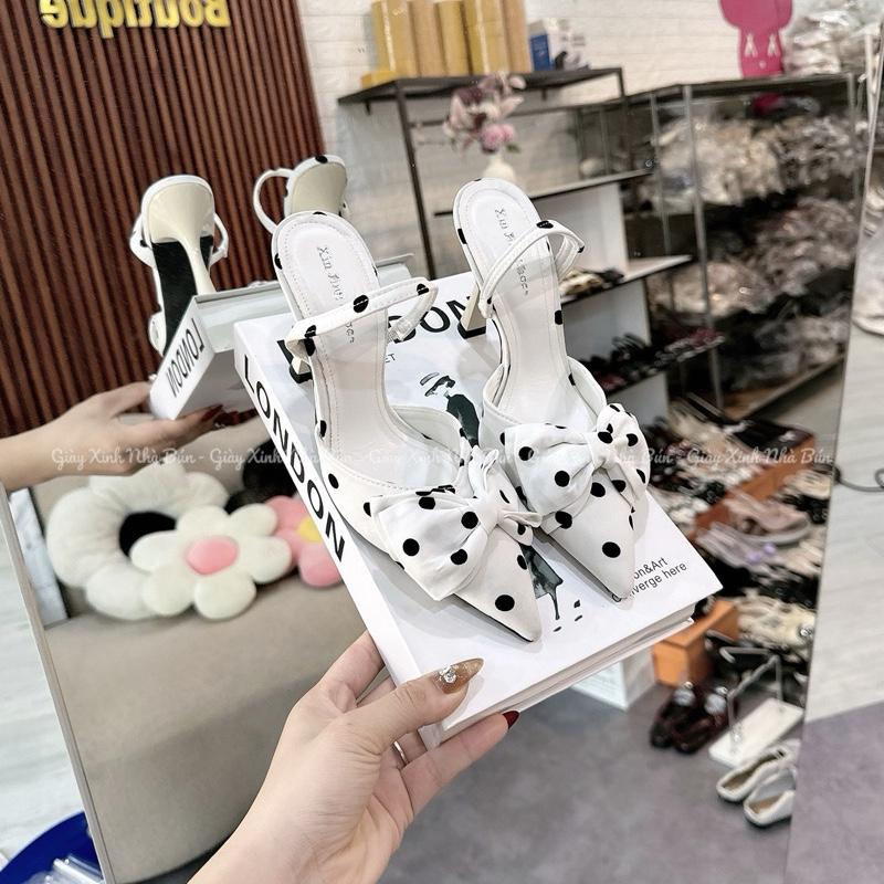  Giày cao gót - giày cao gót 9p chấm bi phối nơ bản to tiểu thư   G103103 - GIÀY XINH NHÀ BÚN   