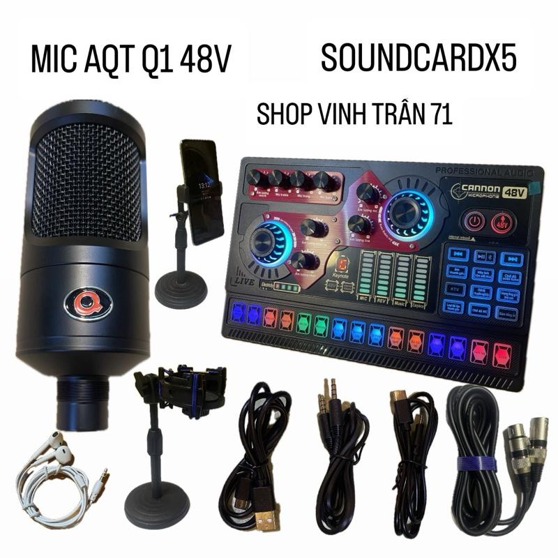 Bộ mic thu âm livestream AQTA P1 48V và sound card X5 kèm tai nghe,kẹp mic,kẹp điện thoại