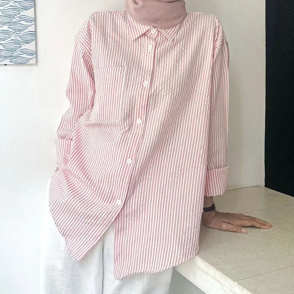 KEMEJA SALUR DEWASA-KEMEJAKERJA WANITA TERBARU Katun Panjang Atasan Baju Garis