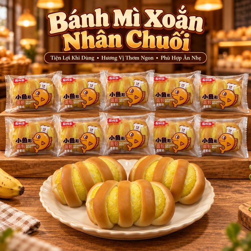 10 CÁI BÁNH MÌ XOẮN NHÂN CHUỐI LILIDUO – BÁNH MÌ HÌNH CÁ, ĐÓNG GÓI RIÊNG