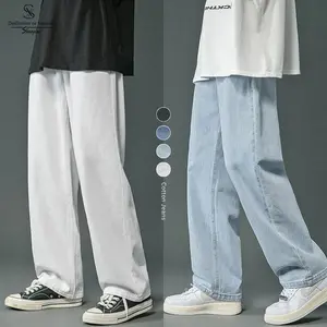 SUYX Celana Jeans Pria Baggy Putih & Biru Muda Oversize Straight Korean Style Denim Katun Murni Nyaman Adem 4 Saku Loose Celana Jeans Pria