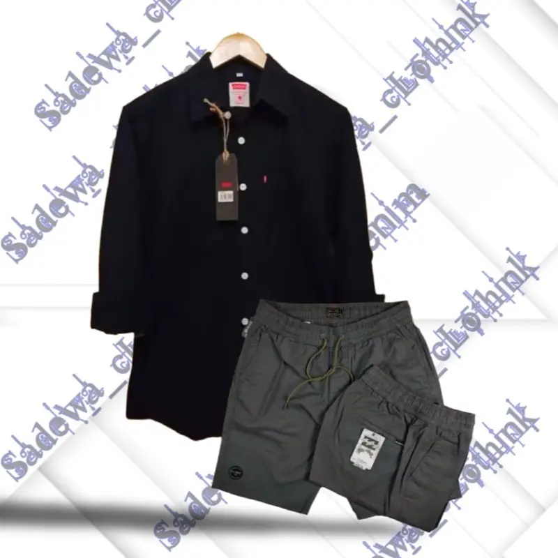 PAKET HEMAT COD Setelan Kemeja Lengan Panjang Pria Dewasa Celana Pendek Pria Dewasa Laki Laki One Set Pria Polos Lengan panjang Katun 0