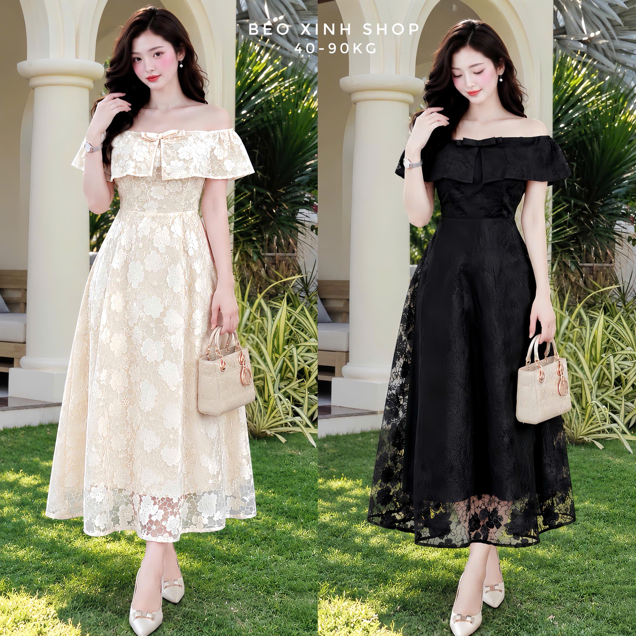 Váy Ren Hoa Dài Trễ Vai Tùng Xòe Phối Nơ Thanh Lịch Bigsize Béo Xinh Shop 40–90kg - B.1890