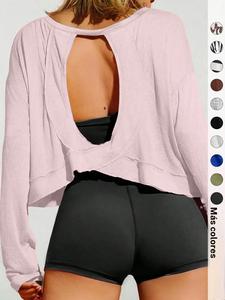 Camiseta deportiva lisa sin espalda de manga larga para mujer, tela tejida de ajuste casual, diseño de moda para todas las estaciones, cómoda y elegante