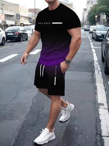 メンズ グラデーション フィットネス 半袖セット 夏トレンド スポーツカジュアル 2点セット フィットTシャツ＆ショーツ レギュラー丈