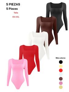 Body reductor de manga larga para mujer, diseño de tanga, cuello cuadrado con control de abdomen, ropa interior y faja para damas
