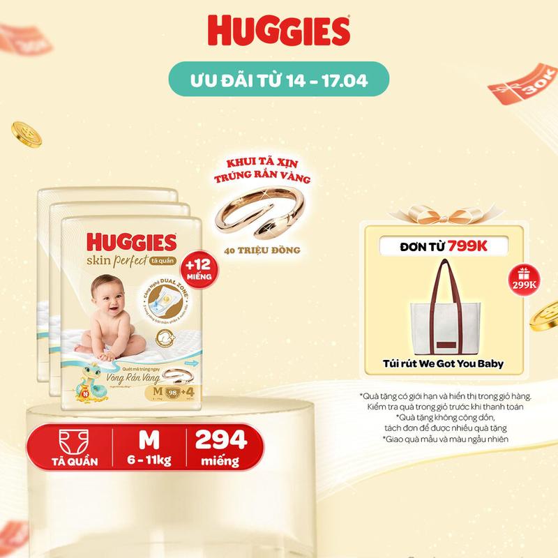 [Bao bì thay đổi theo tùy đợt nhập hàng] Combo 3 gói Tã quần Huggies Skin Perfect Mega Jumbo với 2 vùng thấm giảm kích ứng da Size M 98+4/L 88+4/XL 72+4/XXL 64+4