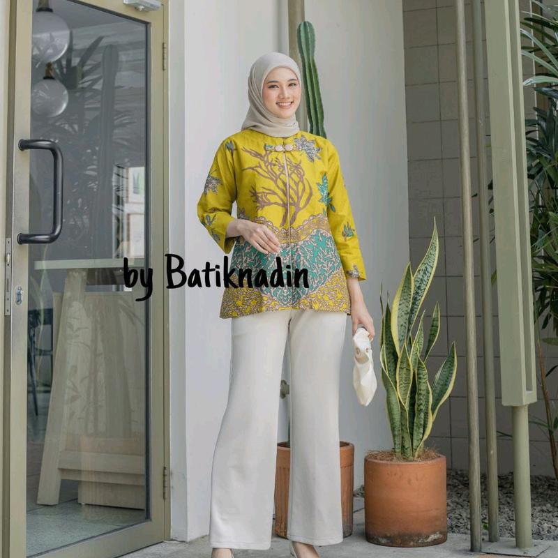 Blouse Adeeva - Atasan Batik Wanita Kerja Baju Batik Kantor Blouse Batik Seragam Katun Nyaman lengan 7/8 Panjang Motif 1