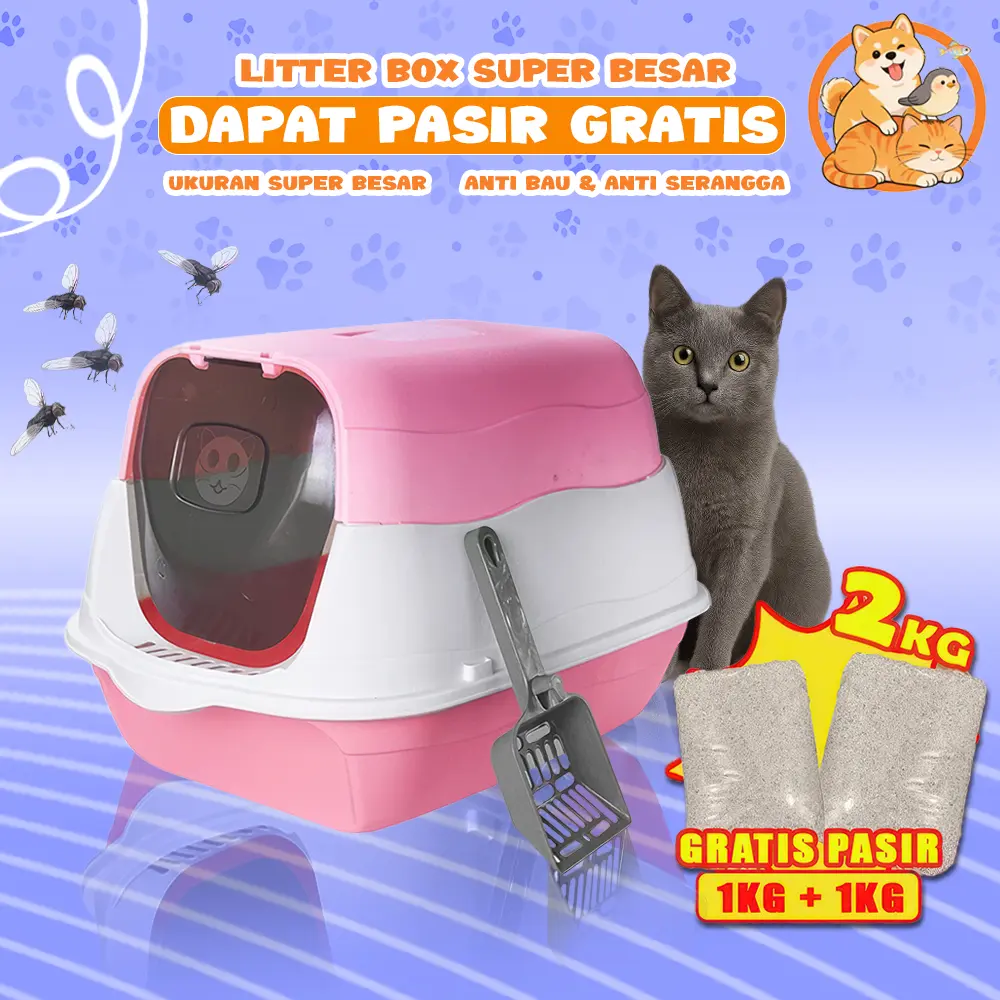 Litter Box Kucing Jumbo Anti Bau 2in1 Tempat Pup Kucing Sekop & Pasir Gratis