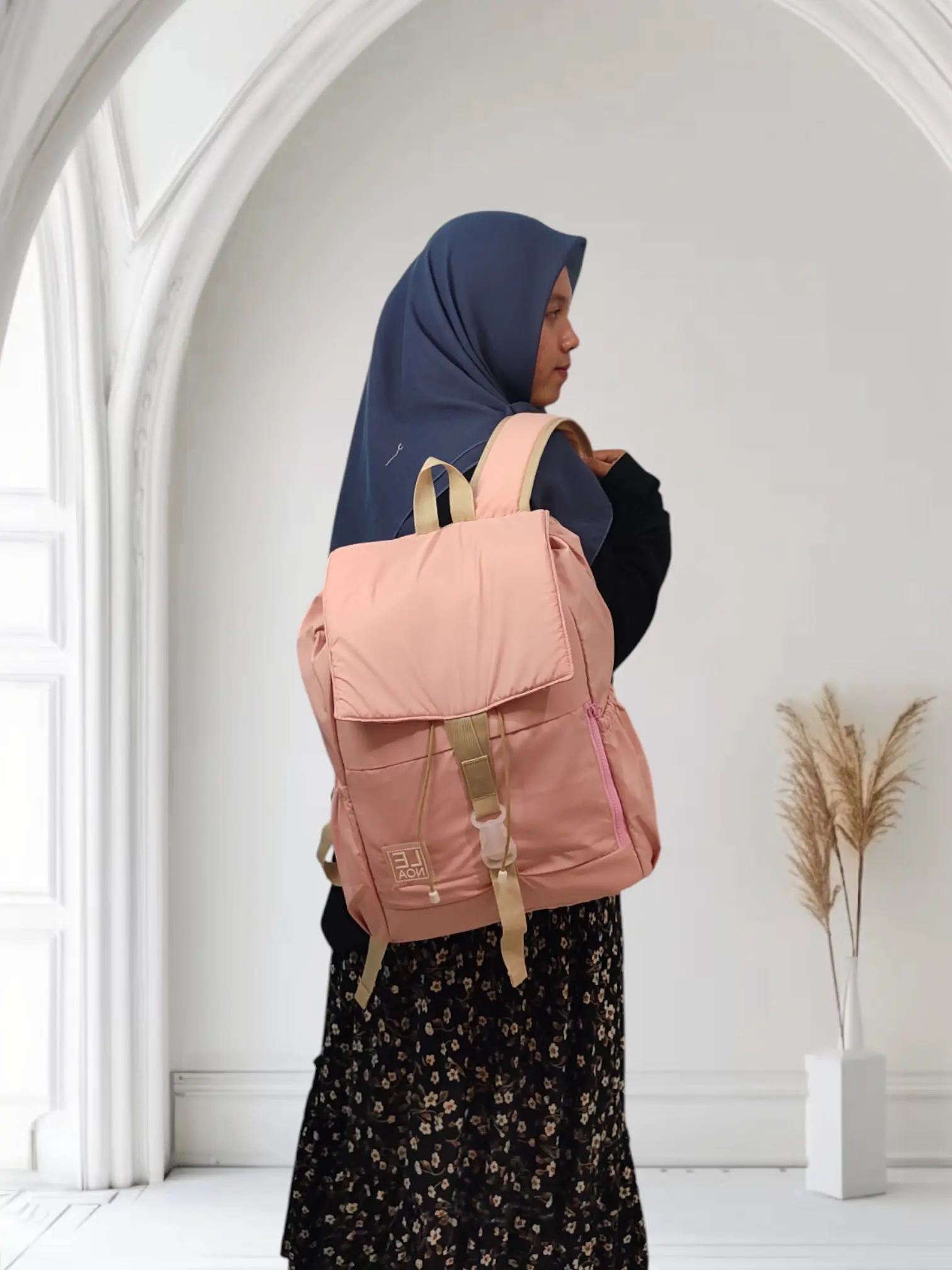 Lenoa Floria Backpack Tas Ransel Wanita Untuk Sekolah Kuliah Travel Warna Dusty Pink Korean Style Serut