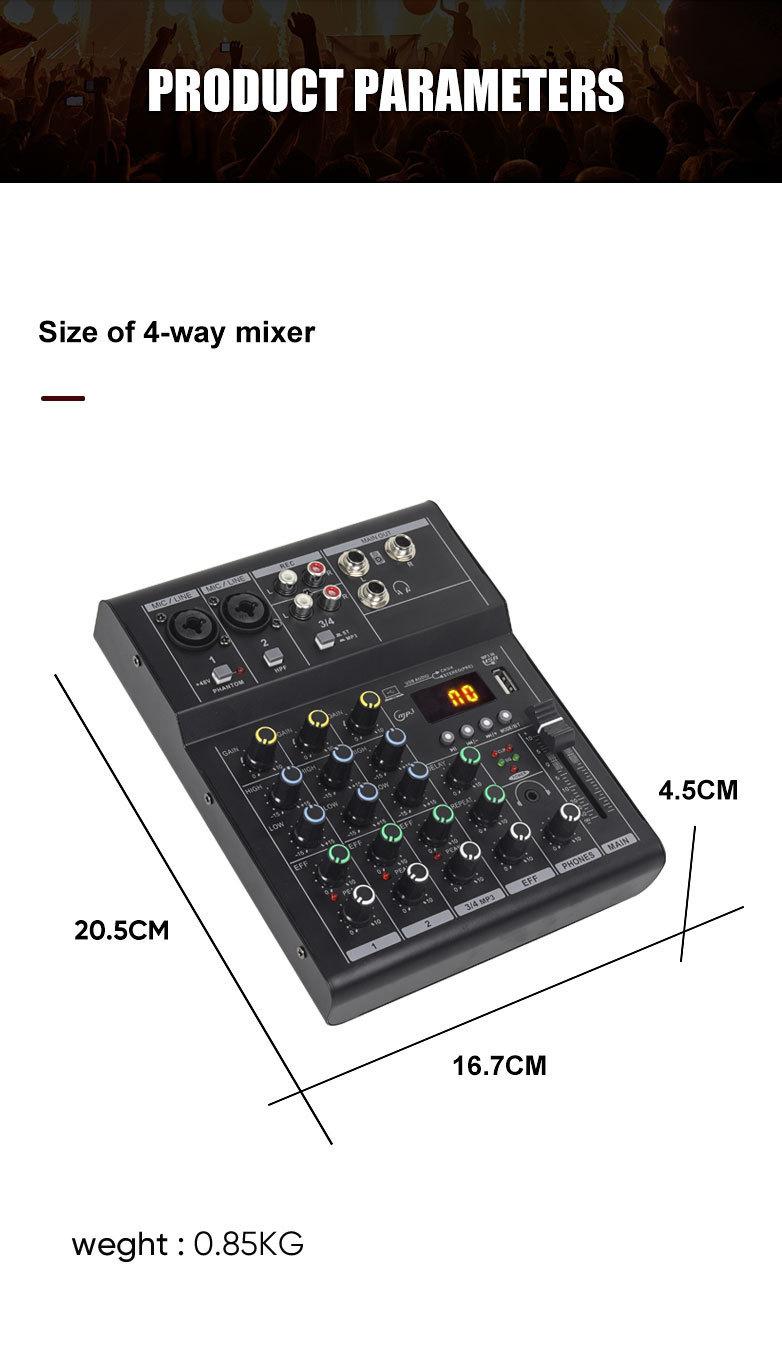 Product Introduction of LX01 4 kênh, chuyên nghiệp, nhỏ, bluetooth, máy trộn, với hiệu ứng âm vang, sử dụng tại nhà, karaoke, sân khấu, biểu diễn, đám cưới, hội nghị, bộ khuếch đại Mixer 15