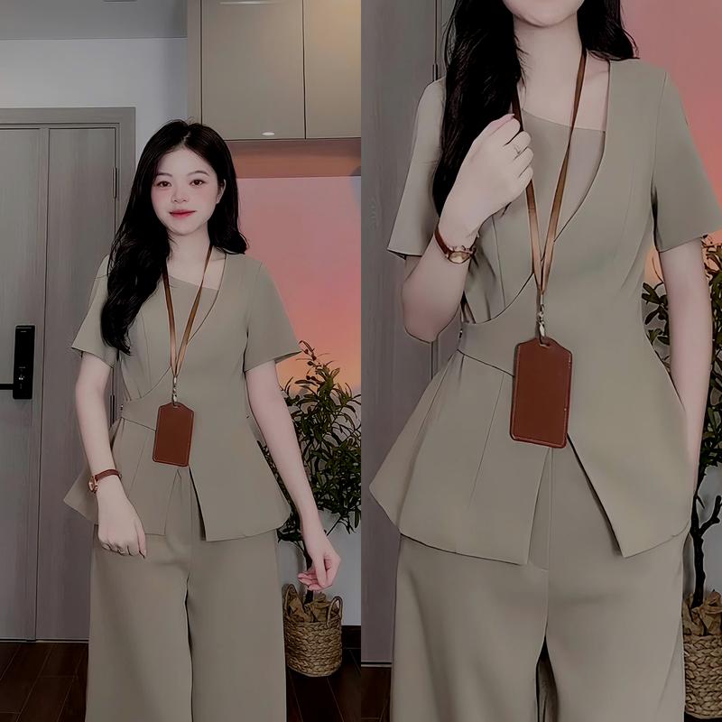 Set Bộ Thiết Kế Cúc Khuy Eo Chéo Cổ Quần Ống Suông Thanh Lịch Công Sở Màu Basic TTN456
