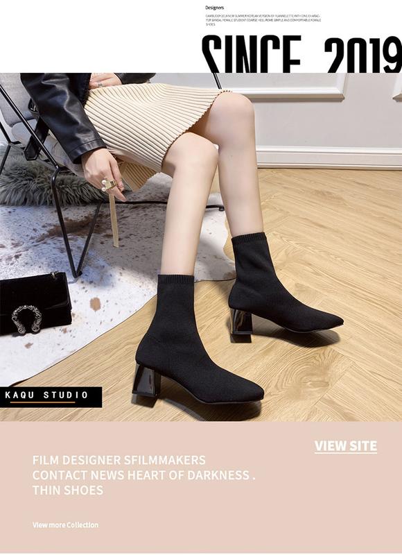 Product Introduction of Women's Boots 2023 Autumn and Winter Women's Shoes All-Match Elastic Booties Women's Chunky Heel Pointed Net Hongfei Woven Boots Women's Wholesale 2