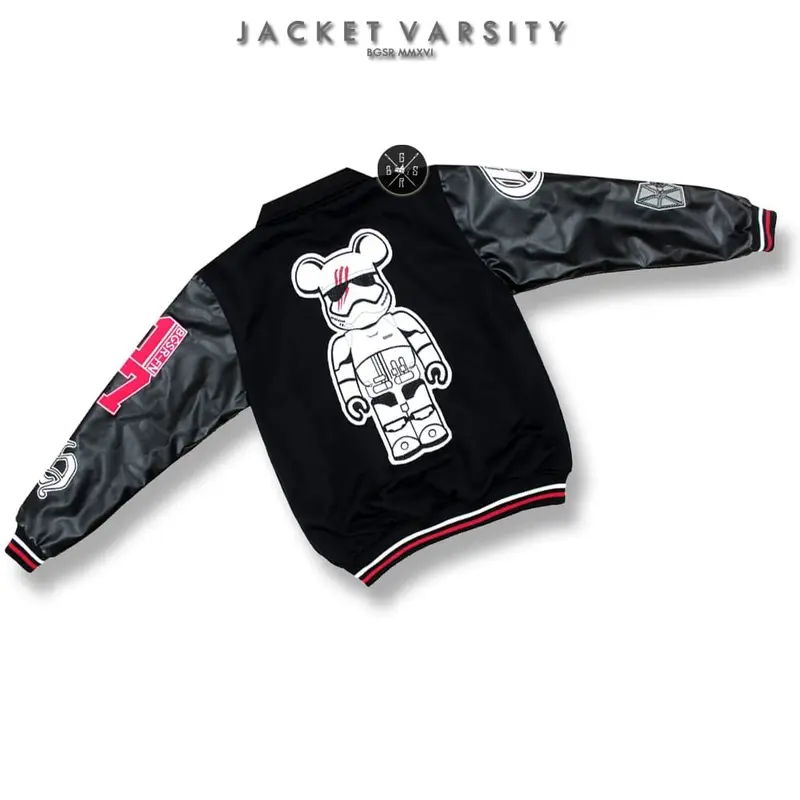 Jaket varsitY BASSEBALL Fleece Pria Casual Distro Bordir Nyaman Formal Keren Kerah Jeans  Hitam Tebal 2