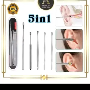 Amanah Official Store 5in1 Alat Pembersih Telinga Stainless Steel dengan 5 Jenis Ujung untuk Kesehatan Telinga