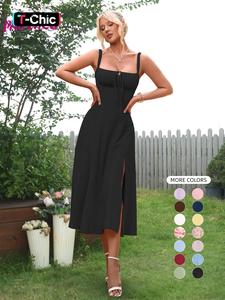 Vestido liso/estampado completo con fruncido, vestido con cordones, vestido de fiesta, vestido con abertura en el muslo, vestido con frente con lazo, elegante vestido midi con cuello cuadrado, vestidos para mujer, vestido estilo francés