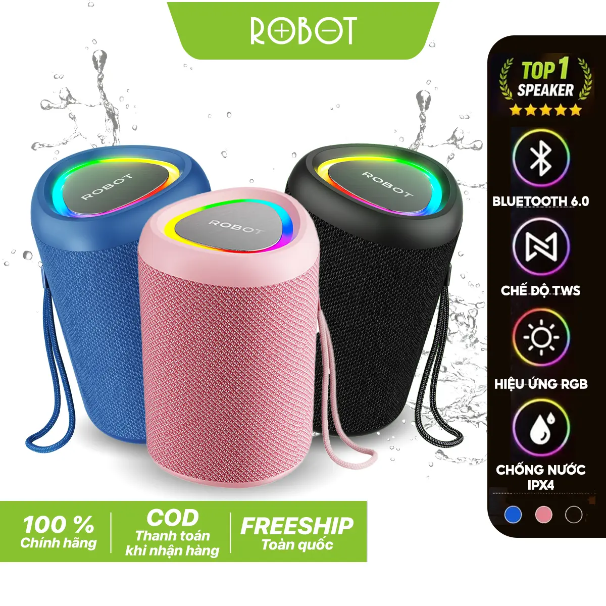 Loa Bluetooth Mini ROBOT RB120 Bass Mạnh Công Suất 5W Led RGB Kháng Nước IPX4 - Hỗ Trợ Kết Nối AUX/ Thẻ Nhớ | Củ Loa Nghe Nhạc | Bảo Hành 12 Tháng