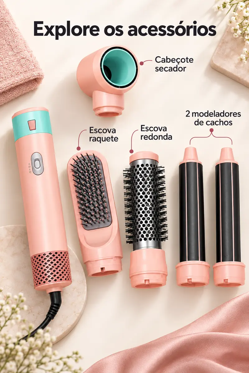Escova Secadora 5 em 1 Multifuncional, Modeladora Alisa Seca e Dá Volume, Escova de Ar Quente Destacável, Modelador de Cachos com Íons Negativos, Presente Ideal para Mulheres, Garantia de 1 Ano