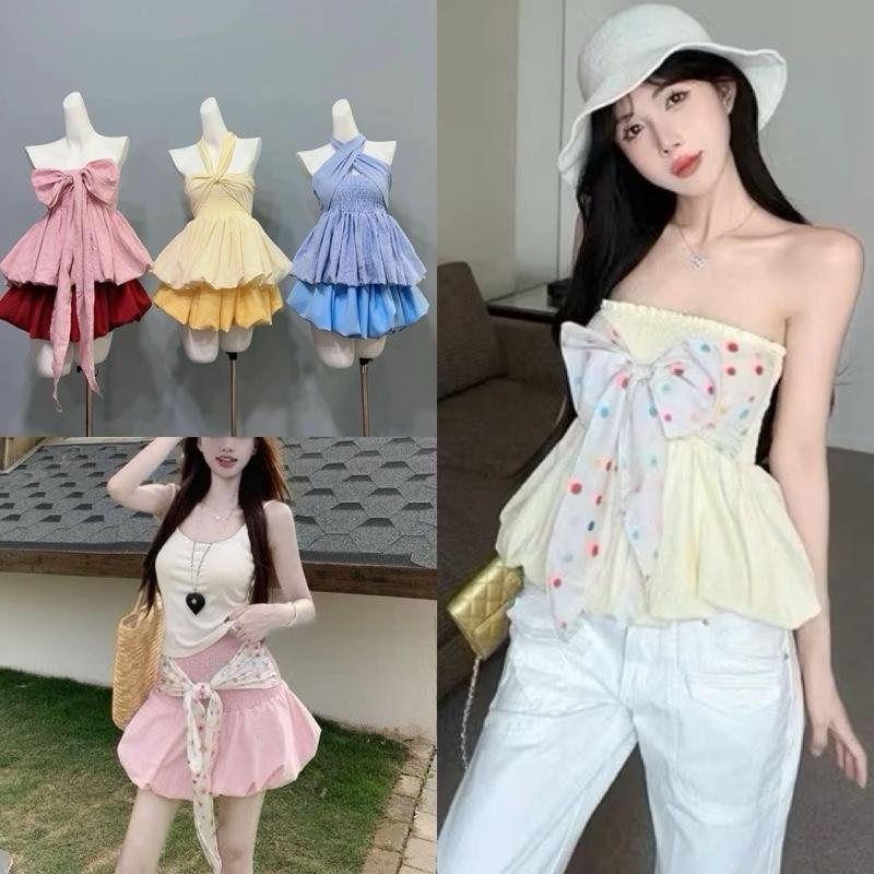 [ A-249 ] Áo ống bí phối nơ có thể làm váy mặc được 2 kiểu