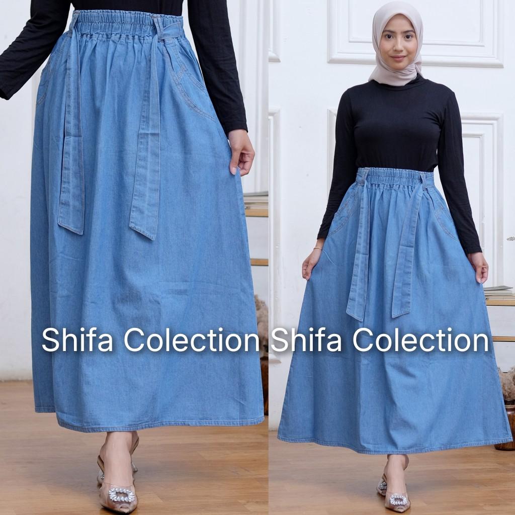 Rok Jeans Panjang Wanita Model Payung Fita Kekinian Bahan Original Jeans Wash Premium 6,5 Ons / Rok Jeans / Rok Panjang Wanita / Rok Jeans Jumbo / Rok Jeans Panjang BB ± 35 - 85 kg Denim Nyaman Variasi Hitam Biru Navy Samping