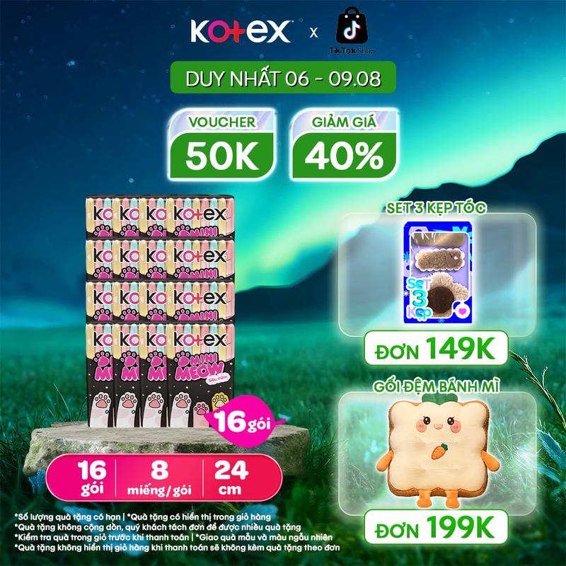 [QUÀ TẶNG HOT] 16 gói băng vệ sinh nữ nhập khẩu Kotex MiniMeow 24cm siêu mỏng cánh, Mặt bông, Siêu mềm, thoáng khí, bvs mèo tiện lợi, khủ mùi, chống tràn, ngày ít, 8 miếng/gói, bvs kinh nguyệt nhiều, miễn phí vận chuyển, bvs chính hãng, tampon.