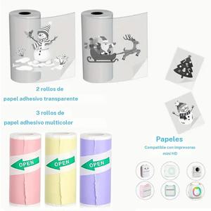 Paquete Combo de Papel Autoadhesivo y Papel Adhesivo Transparente, 3/5 Rollos de 57mm de Papel Compatible con Impresora Mini Portátil, Imprime Fotos, Notas y Más
