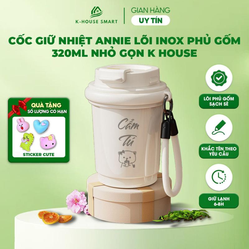Cốc giữ nhiệt Annie inox 316 lõi phủ gốm K House Smart bình giữ nhiệt 320ml – nhỏ gọn, tặng kèm sticker 3d