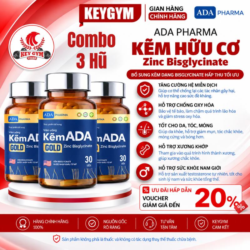 [CHÍNH HÃNG] Combo 3 Hộp Kẽm ADA Gold - Bổ sung Kẽm Hữu Cơ, Tăng sức khỏe và sinh lý (hộp 30 viên) Chelamax Zinc Bisglycinate