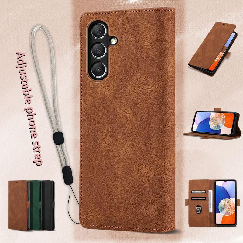 Bao da nắp gập Dành Cho Samsung A14 4G 5G ví khe cắm thẻ vỏ có dây buộc điện thoại có thể điều chỉnh