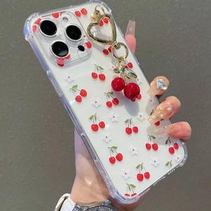 Funda para celular con patrón floral de cerezas, anti-caídas, compatible con modelos iPhone 6-16 Pro Max, incluye cordón de cereza, diseño duradero